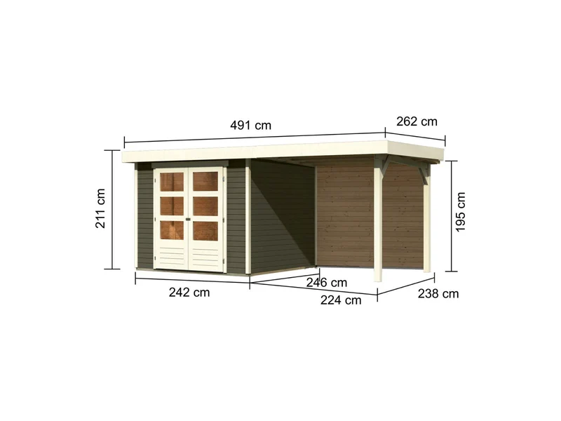 Karibu Gartenhaus Askola 3,5 mit Anbaudach 2,4 m, Rückwand, terragrau