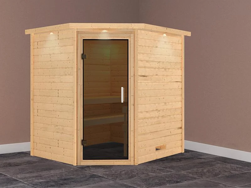 Karibu Massivholzsauna Mia 38 mm mit moderner Saunatür, mit Dachkranz