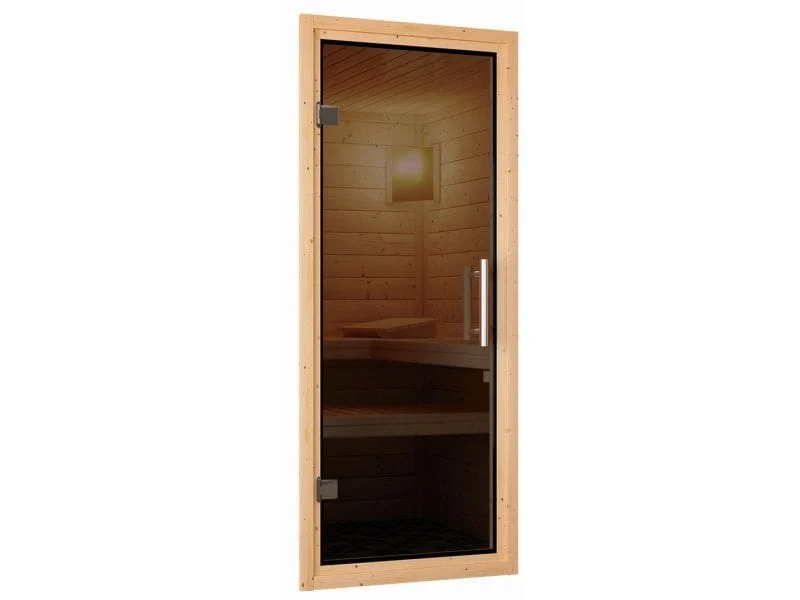 Karibu Massivholzsauna Mia 38 mm mit moderner Saunatür, mit Dachkranz