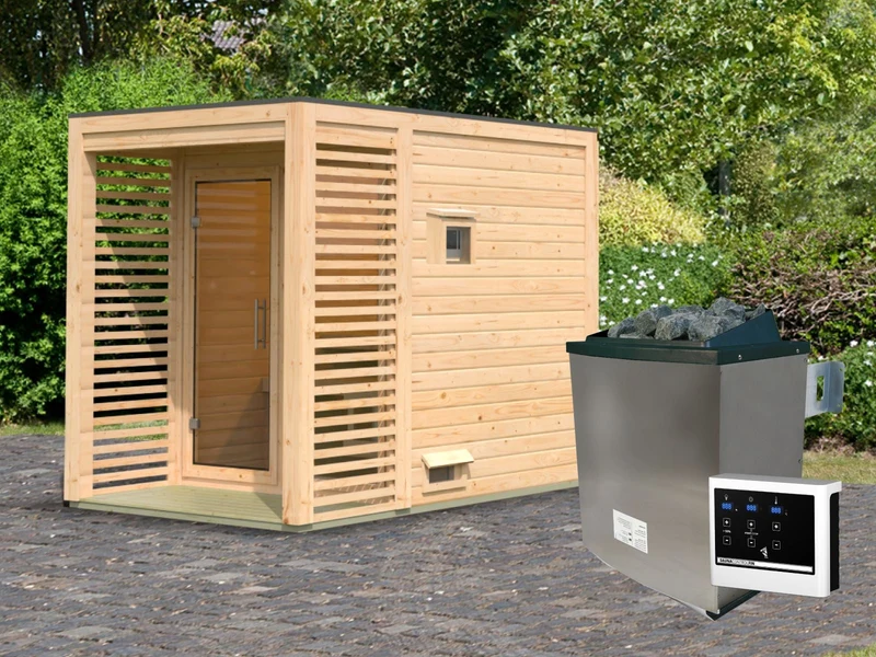 Norlinio Saunahaus Patio 1, 38 mm naturbelassen -inkl. 9 kW Ofen ext. Steuerung- inkl. Dacheindeckung