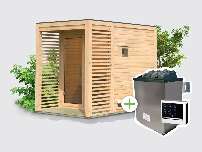 Norlinio Saunahaus Patio 1, 38 mm naturbelassen -inkl. 9 kW Ofen ext. Steuerung- inkl. Dacheindeckung