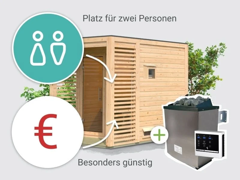 Norlinio Saunahaus Patio 1, 38 mm naturbelassen -inkl. 9 kW Ofen ext. Steuerung- inkl. Dacheindeckung