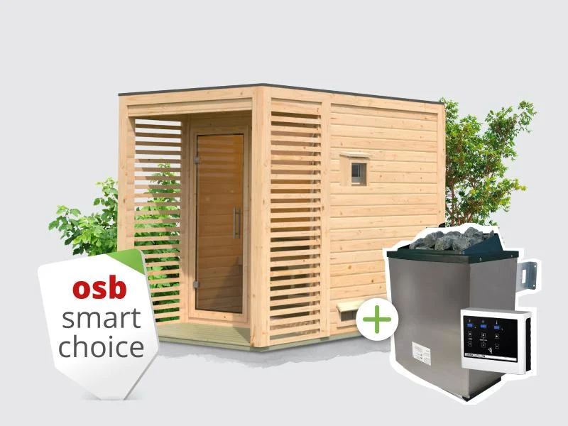 Norlinio Saunahaus Patio 1, 38 mm naturbelassen -inkl. 9 kW Ofen ext. Steuerung- inkl. Dacheindeckung