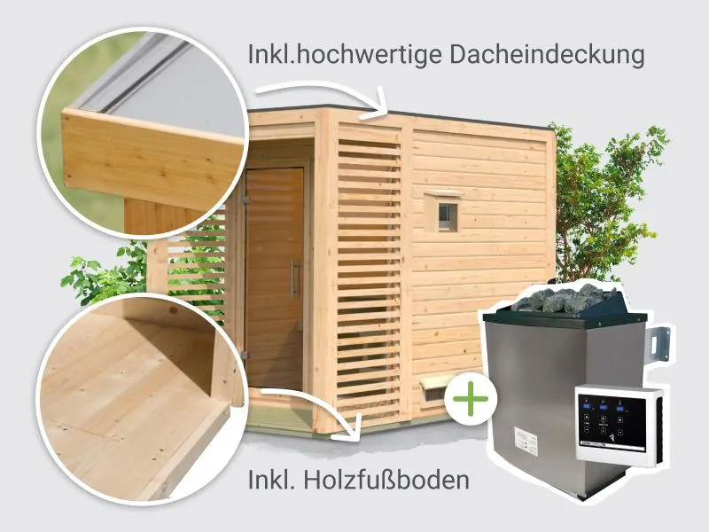 Norlinio Saunahaus Patio 1, 38 mm naturbelassen -inkl. 9 kW Ofen ext. Steuerung- inkl. Dacheindeckung