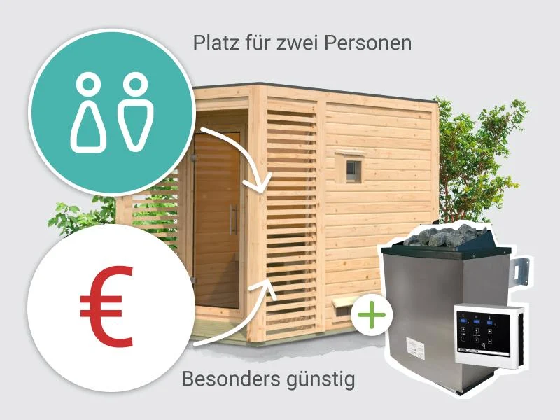 Norlinio Saunahaus Patio 1, 38 mm naturbelassen -inkl. 9 kW Ofen ext. Steuerung- inkl. Dacheindeckung