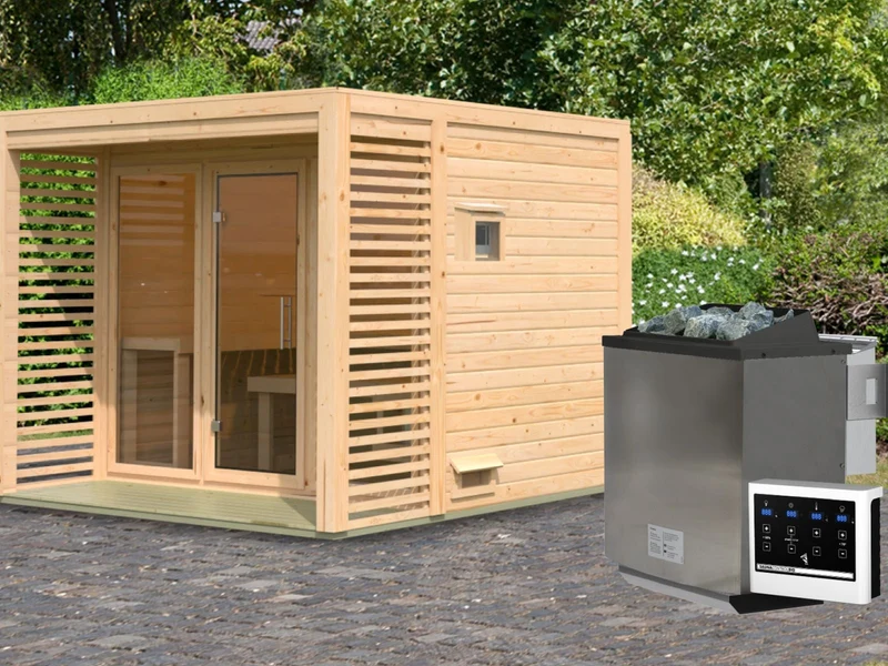 Norlinio Saunahaus Patio 3, 38 mm naturbelassen -inkl. 9 kW Bioofen ext. Steuerung- inkl. Da