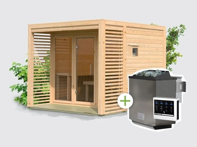 Norlinio Saunahaus Patio 3, 38 mm naturbelassen -inkl. 9 kW Bioofen ext. Steuerung- inkl. Da