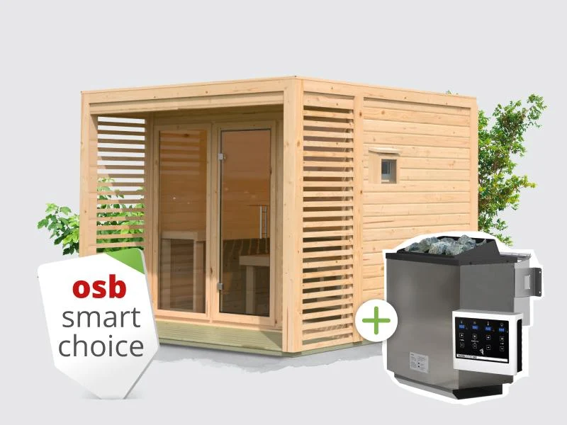 Norlinio Saunahaus Patio 3, 38 mm naturbelassen -inkl. 9 kW Bioofen ext. Steuerung- inkl. Da