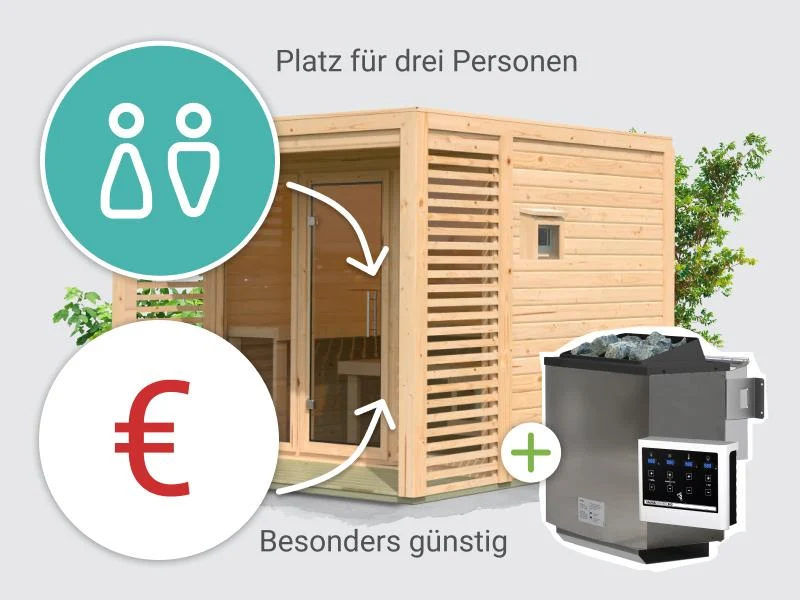 Norlinio Saunahaus Patio 3, 38 mm naturbelassen -inkl. 9 kW Bioofen ext. Steuerung- inkl. Da