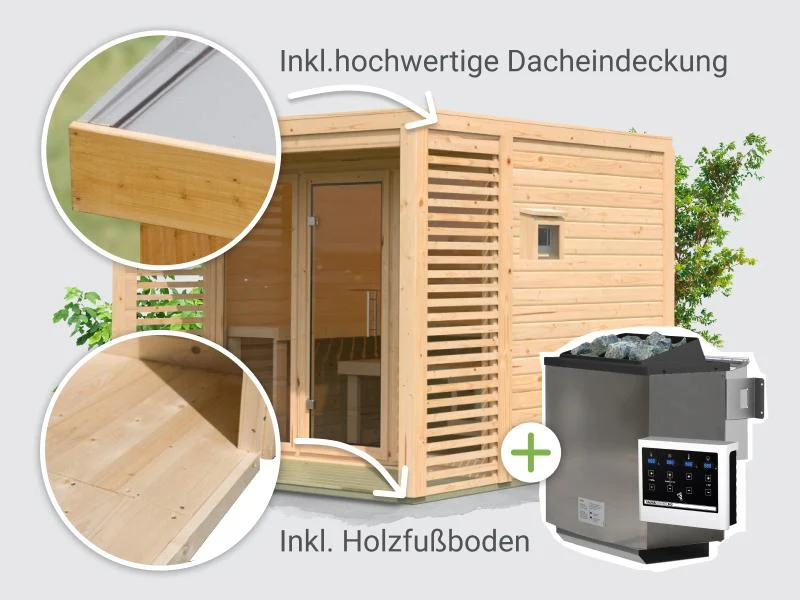 Norlinio Saunahaus Patio 3, 38 mm naturbelassen -inkl. 9 kW Bioofen ext. Steuerung- inkl. Da