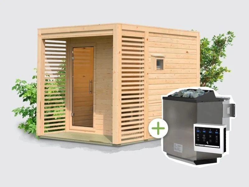 Norlinio Saunahaus Patio 2, 38 mm naturbelassen -inkl. 9 kW Bioofen ext. Steuerung-, inkl. D