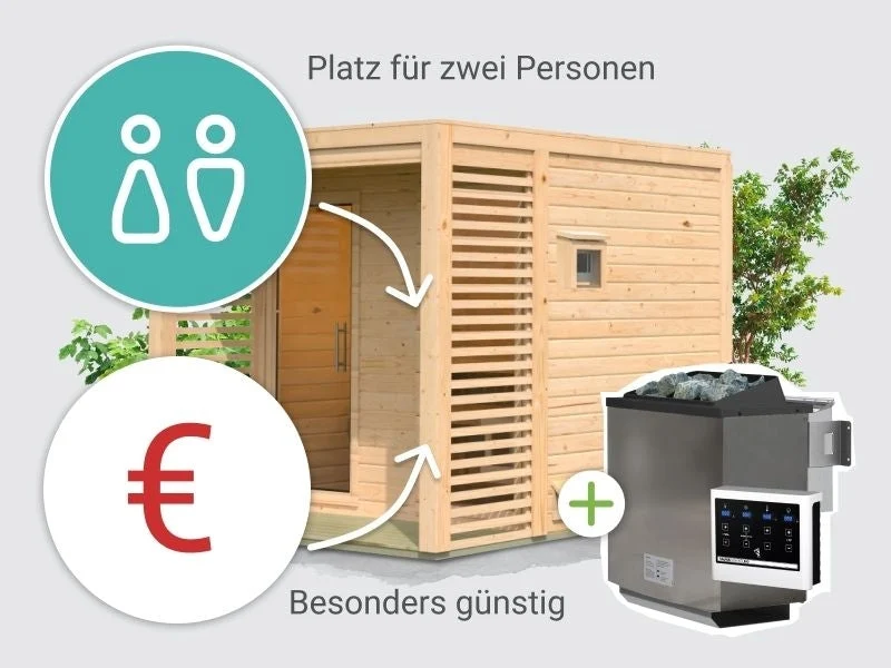 Norlinio Saunahaus Patio 2, 38 mm naturbelassen -inkl. 9 kW Bioofen ext. Steuerung-, inkl. D