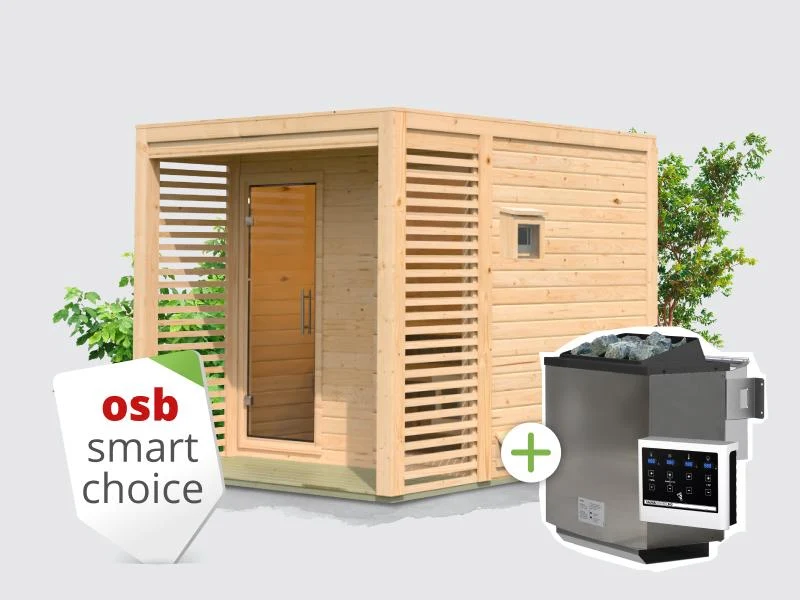 Norlinio Saunahaus Patio 2, 38 mm naturbelassen -inkl. 9 kW Bioofen ext. Steuerung-, inkl. D