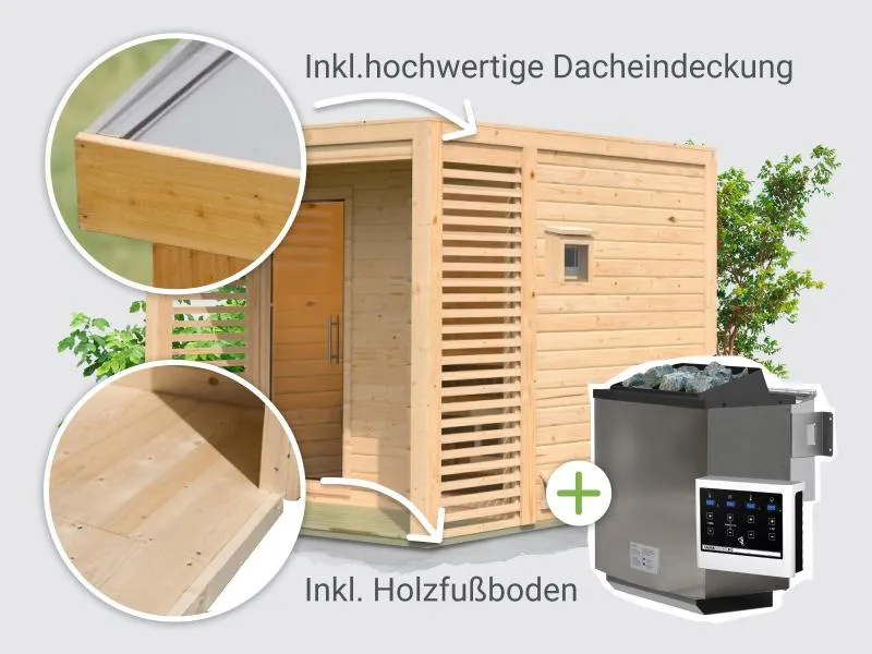 Norlinio Saunahaus Patio 2, 38 mm naturbelassen -inkl. 9 kW Bioofen ext. Steuerung-, inkl. D