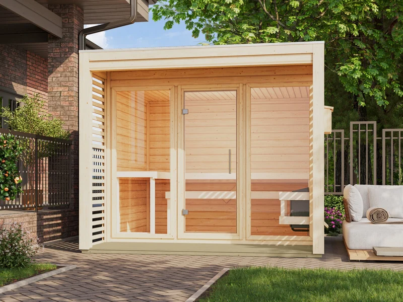 Norlinio Saunahaus Patio 3, natur -inkl. 9 kW Ofen ext. Strg.- inkl. Dacheindeckung