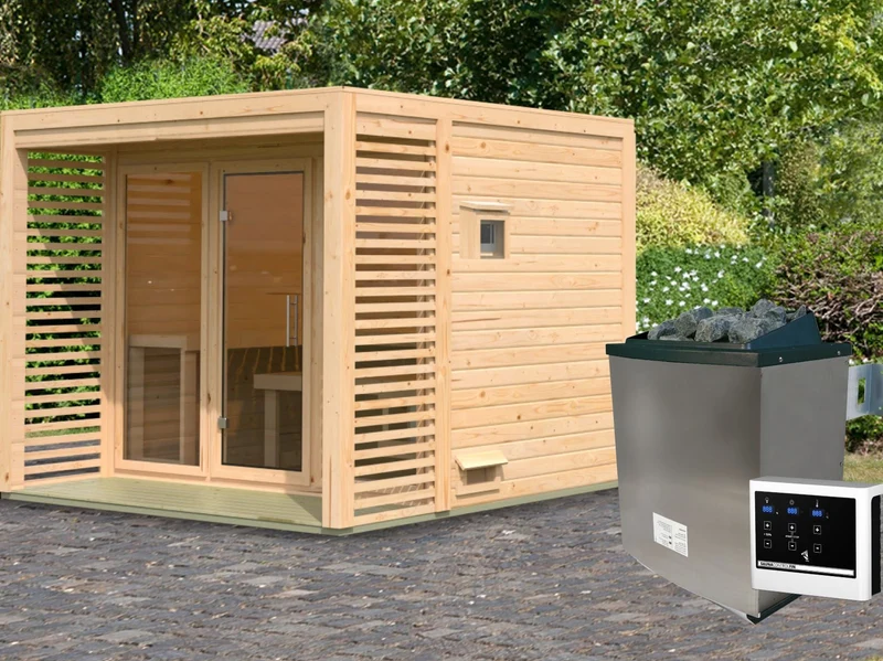 Norlinio Saunahaus Patio 3, natur -inkl. 9 kW Ofen ext. Strg.- inkl. Dacheindeckung
