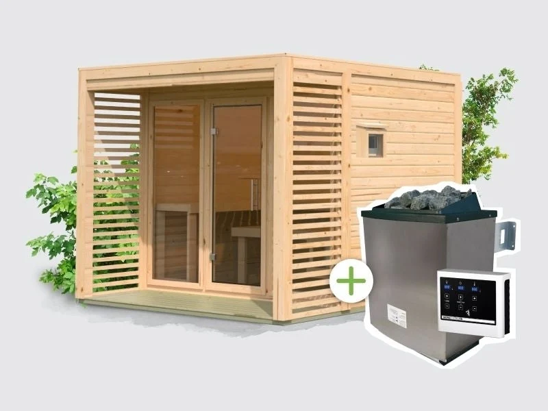 Norlinio Saunahaus Patio 3, natur -inkl. 9 kW Ofen ext. Strg.- inkl. Dacheindeckung