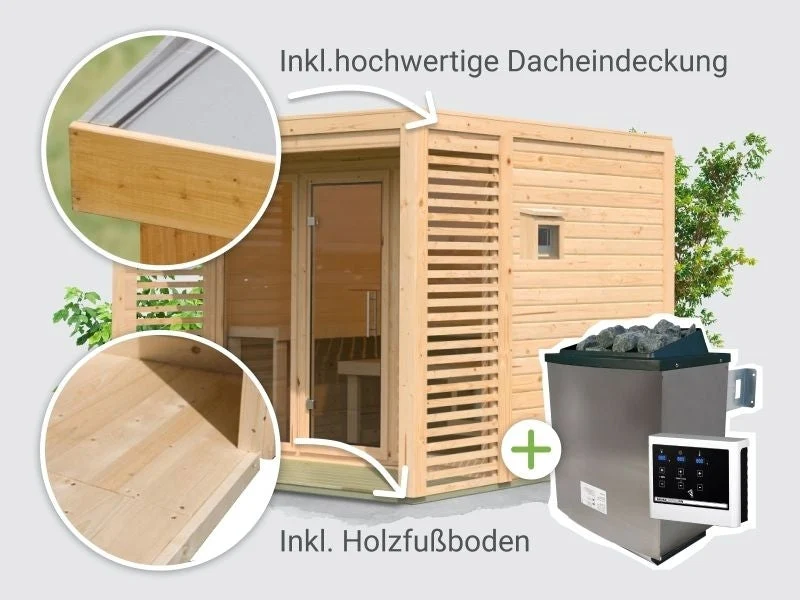 Norlinio Saunahaus Patio 3, natur -inkl. 9 kW Ofen ext. Strg.- inkl. Dacheindeckung