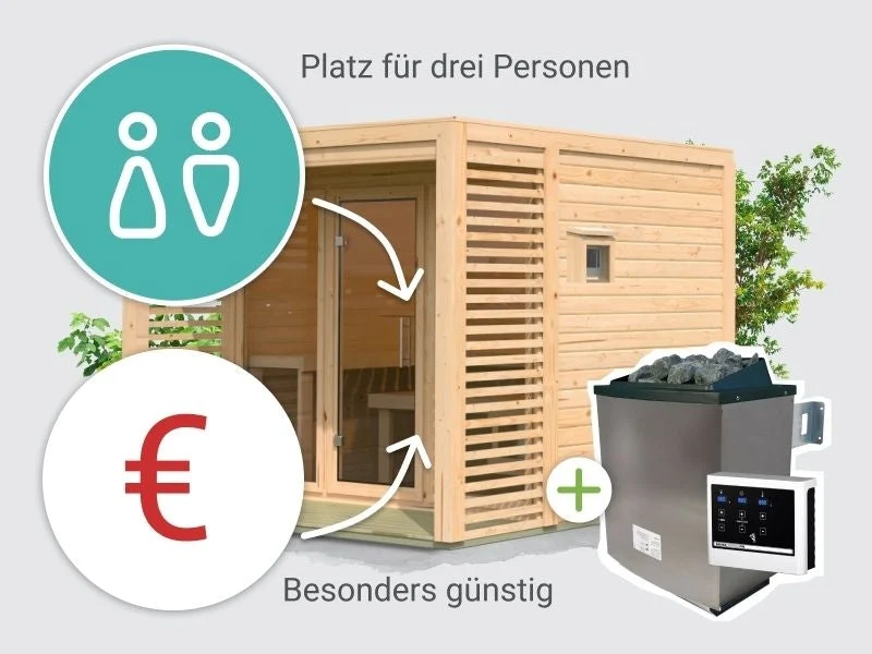 Norlinio Saunahaus Patio 3, natur -inkl. 9 kW Ofen ext. Strg.- inkl. Dacheindeckung