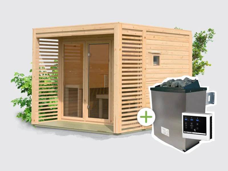 Norlinio Saunahaus Patio 3, natur -inkl. 9 kW Ofen ext. Strg.- inkl. Dacheindeckung