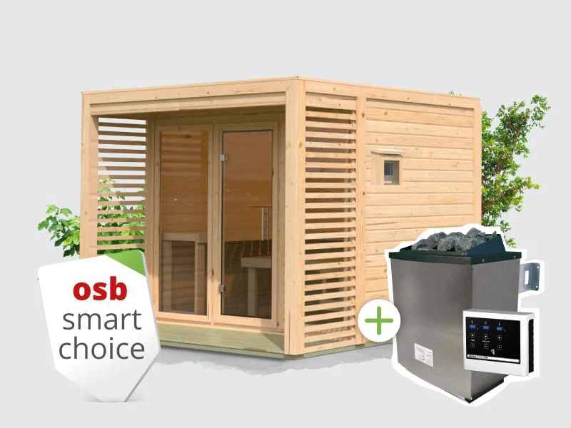 Norlinio Saunahaus Patio 3, natur -inkl. 9 kW Ofen ext. Strg.- inkl. Dacheindeckung