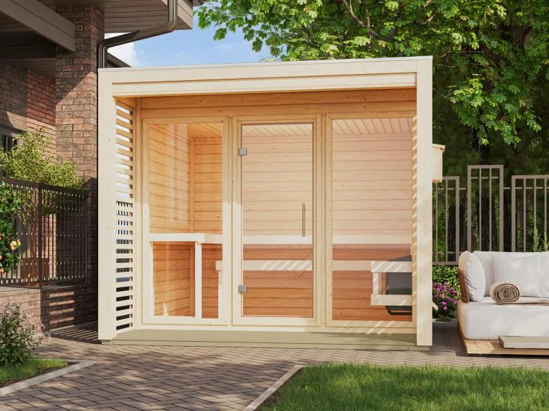 Norlinio Saunahaus Patio 3, natur -inkl. 9 kW Ofen ext. Strg.- inkl. Dacheindeckung