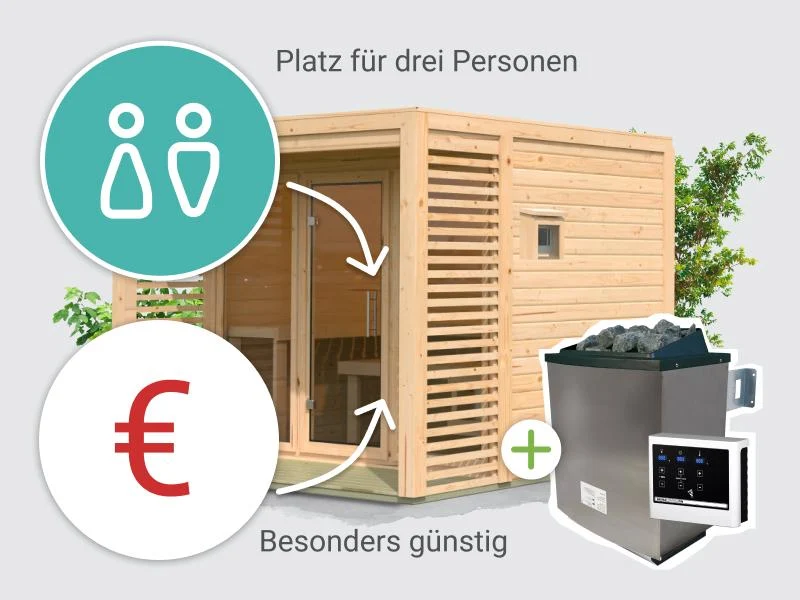 Norlinio Saunahaus Patio 3, natur -inkl. 9 kW Ofen ext. Strg.- inkl. Dacheindeckung