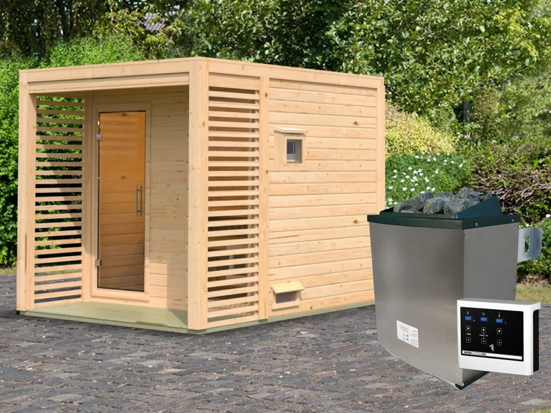 Norlinio Saunahaus Patio 2, 38 mm naturbelassen -inkl. 9 kW Ofen ext. Steuerung-, inkl. Dach