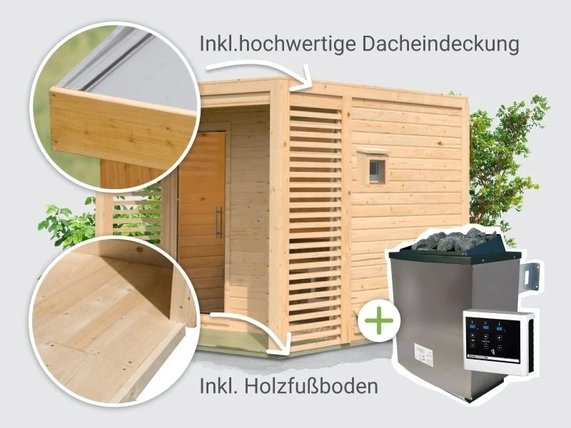 Norlinio Saunahaus Patio 2, 38 mm naturbelassen -inkl. 9 kW Ofen ext. Steuerung-, inkl. Dach