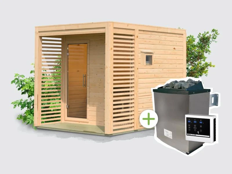 Norlinio Saunahaus Patio 2, 38 mm naturbelassen -inkl. 9 kW Ofen ext. Steuerung-, inkl. Dach