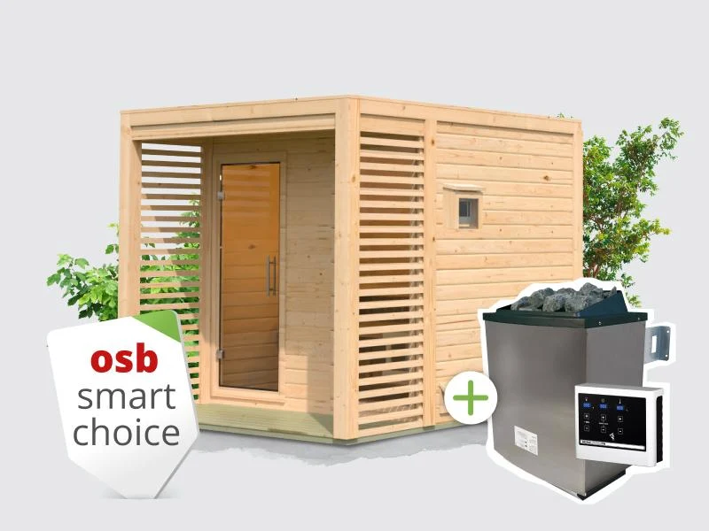 Norlinio Saunahaus Patio 2, 38 mm naturbelassen -inkl. 9 kW Ofen ext. Steuerung-, inkl. Dach