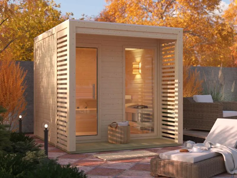 Norlinio Saunahaus Patio 2, 38 mm naturbelassen -inkl. 9 kW Ofen ext. Steuerung-, inkl. Dach