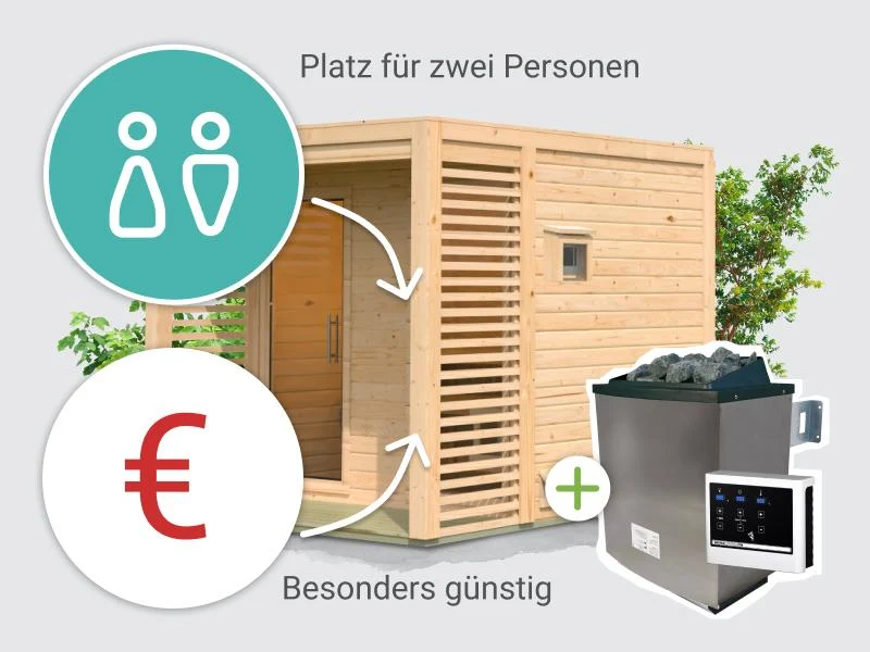 Norlinio Saunahaus Patio 2, 38 mm naturbelassen -inkl. 9 kW Ofen ext. Steuerung-, inkl. Dach