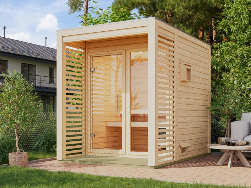 Norlinio Saunahaus Patio 1, 38 mm natur -inkl. 9 kW Bioofen ext. Steuerung- inkl. Dachbahn