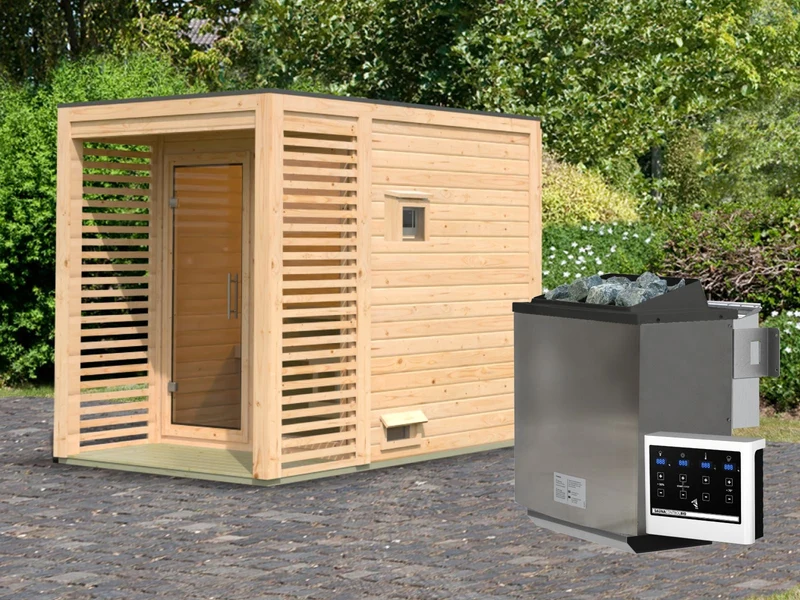 Norlinio Saunahaus Patio 1, 38 mm natur -inkl. 9 kW Bioofen ext. Steuerung- inkl. Dachbahn