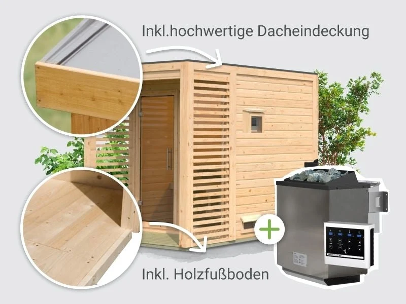 Norlinio Saunahaus Patio 1, 38 mm natur -inkl. 9 kW Bioofen ext. Steuerung- inkl. Dachbahn