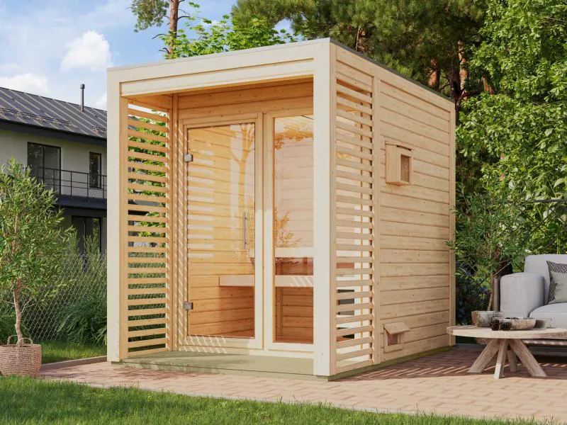 Norlinio Saunahaus Patio 1, 38 mm natur -inkl. 9 kW Bioofen ext. Steuerung- inkl. Dachbahn