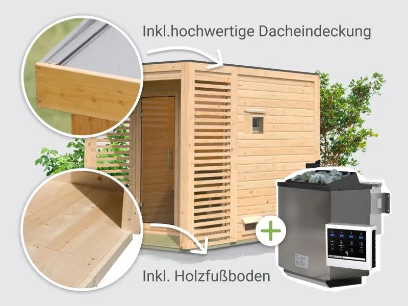 Norlinio Saunahaus Patio 1, 38 mm natur -inkl. 9 kW Bioofen ext. Steuerung- inkl. Dachbahn
