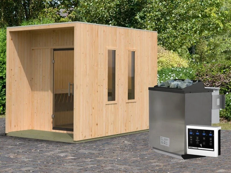 Karibu Saunahaus Laguna natur, 73 mm - inkl. 9 kW Bioofen ext. Steuerung