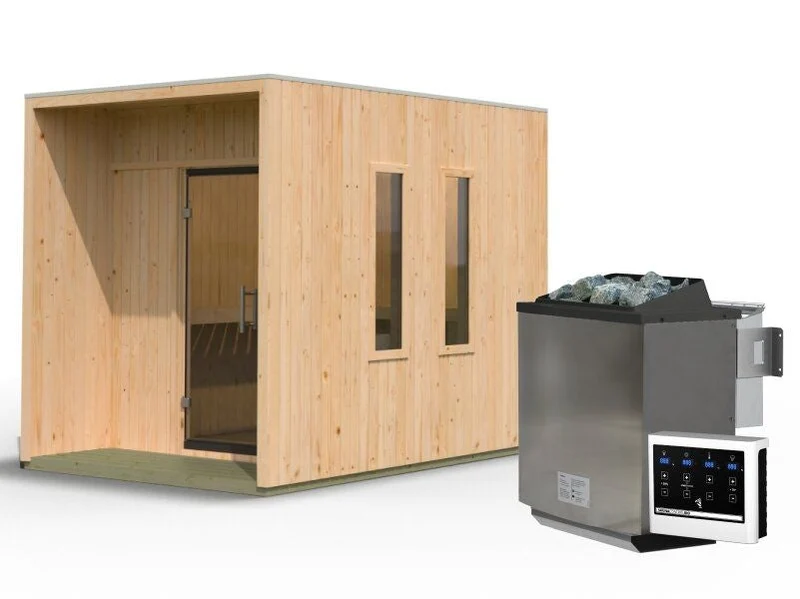Karibu Saunahaus Laguna natur, 73 mm - inkl. 9 kW Bioofen ext. Steuerung