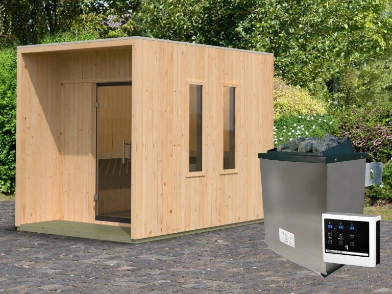 Karibu Saunahaus Laguna natur, 73 mm - inkl. 9 kW Ofen ext. Steuerung