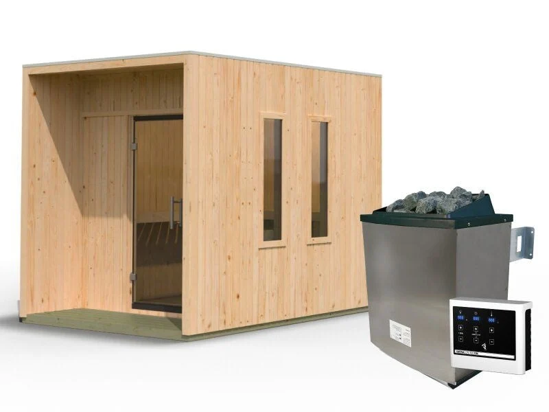 Karibu Saunahaus Laguna natur, 73 mm - inkl. 9 kW Ofen ext. Steuerung
