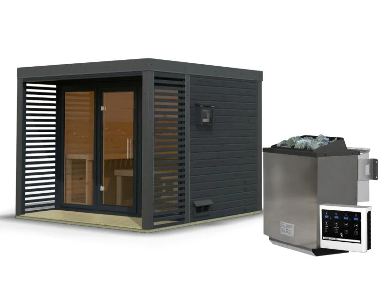 Karibu Hybrid Saunahaus Ares 3,anthrazit/anthrazit -inkl. 9 kW Bioofen ext. Steuerung-