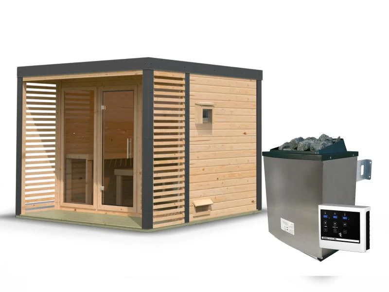 Karibu Hybrid Saunahaus Ares 3, naturbelassen/anthrazit -inkl. 9 kW Ofen ext. Steuerung-