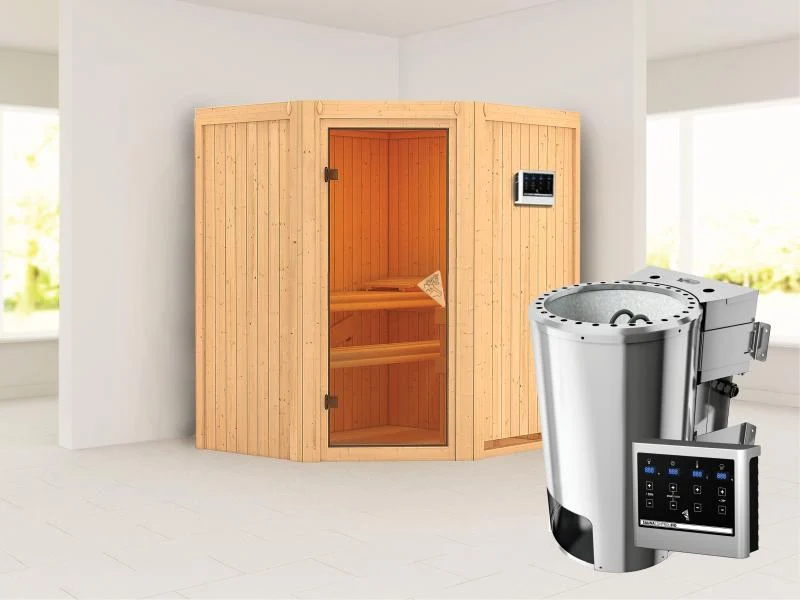 Tonja - Karibu Sauna Plug & Play inkl. 3,6 kW-Bioofen ext. Steuerung - ohne Dachkranz -