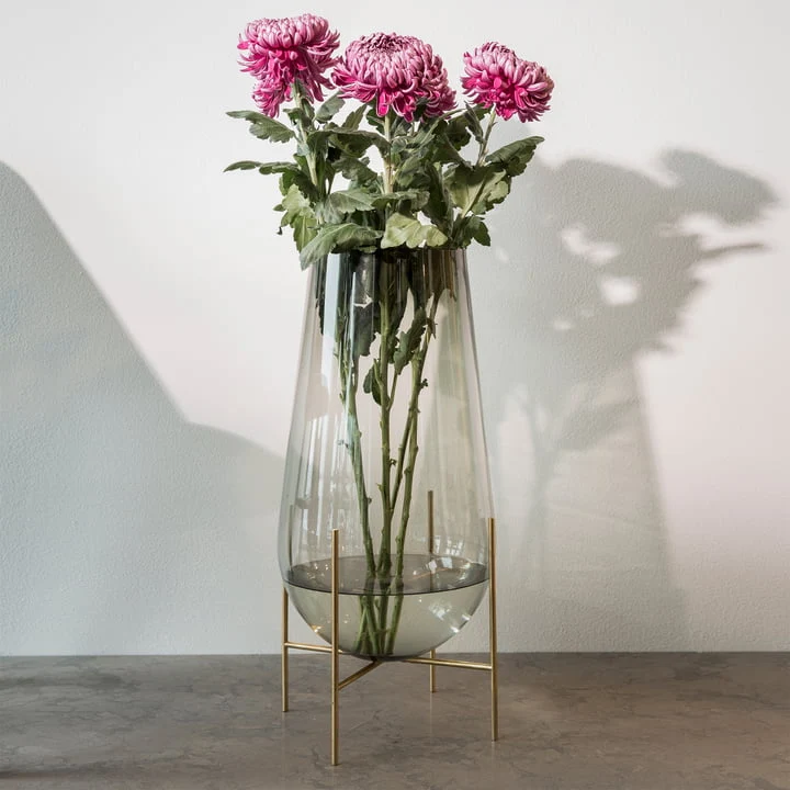 B-Ware Audo Vase Blumengefäß Échasse Glas Rauchgrau mundgeblasen Messing 60 cm
