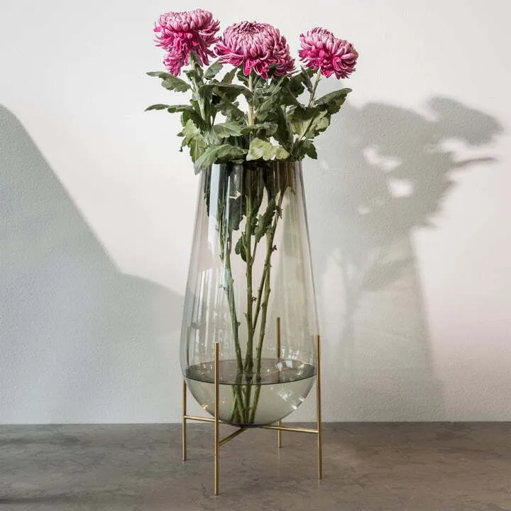 B-Ware Audo Vase Blumengefäß Échasse Glas Rauchgrau mundgeblasen Messing 60 cm