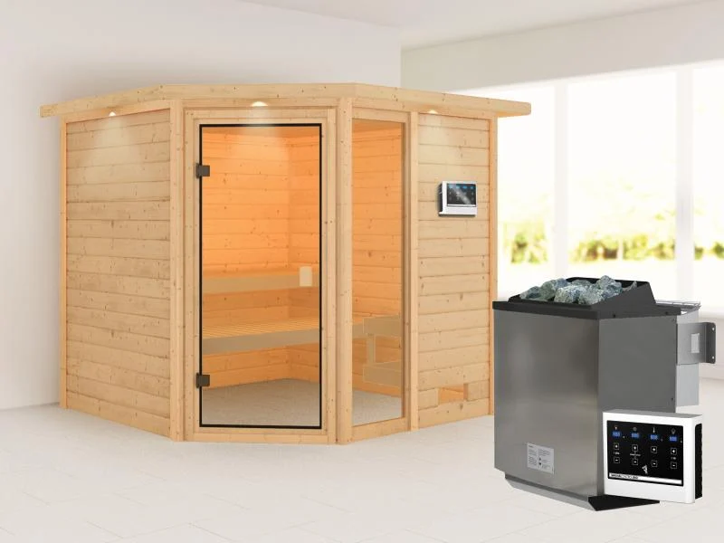 Karibu Sauna Tabea mit 9 kW Bioofen ext. Strg und Dachkranz 38 mm