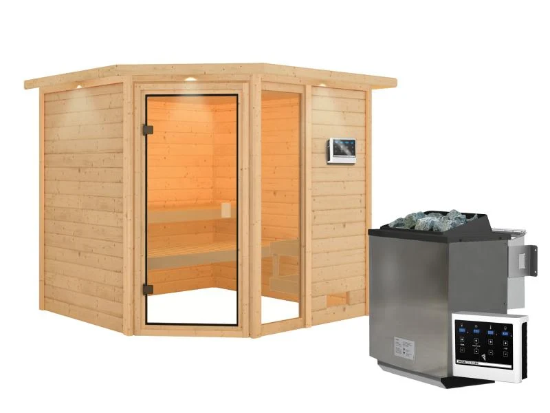 Karibu Sauna Tabea mit 9 kW Bioofen ext. Strg und Dachkranz 38 mm