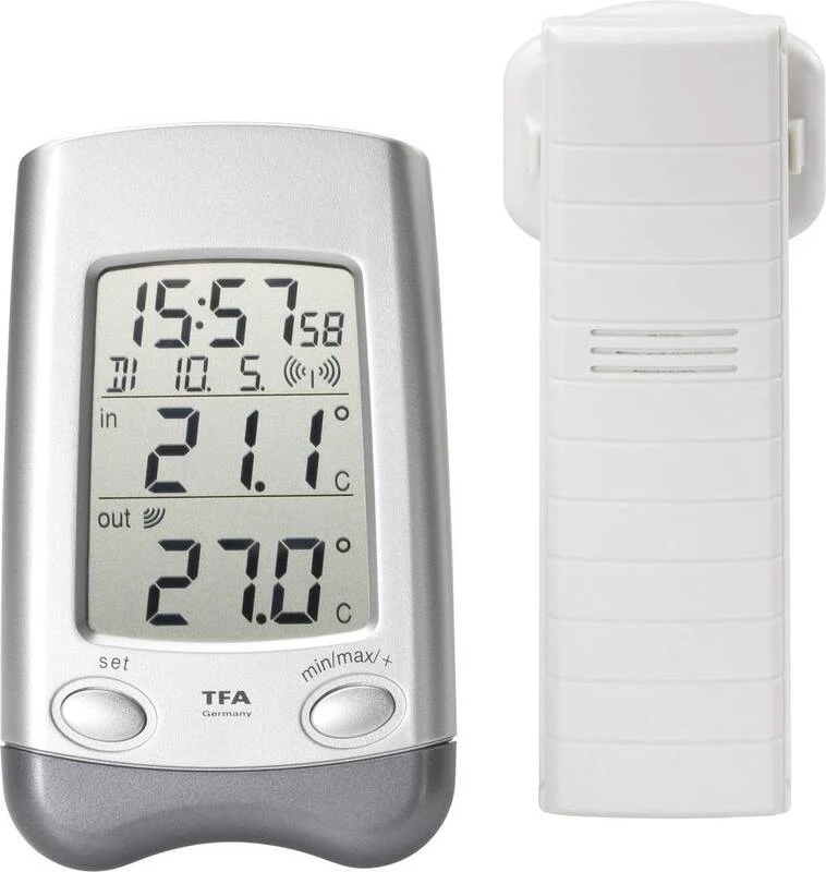 B-Ware TFA Dostmann Funk-Thermometer DuoThermo Funkuhr Thermometer Uhr SIEHE TEXT/FOTO